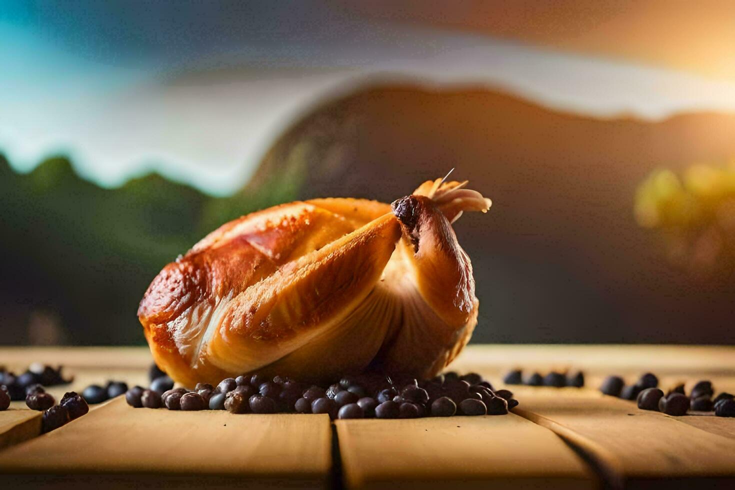 the chicken is roasted on the table with black beans. AI-Generated photo