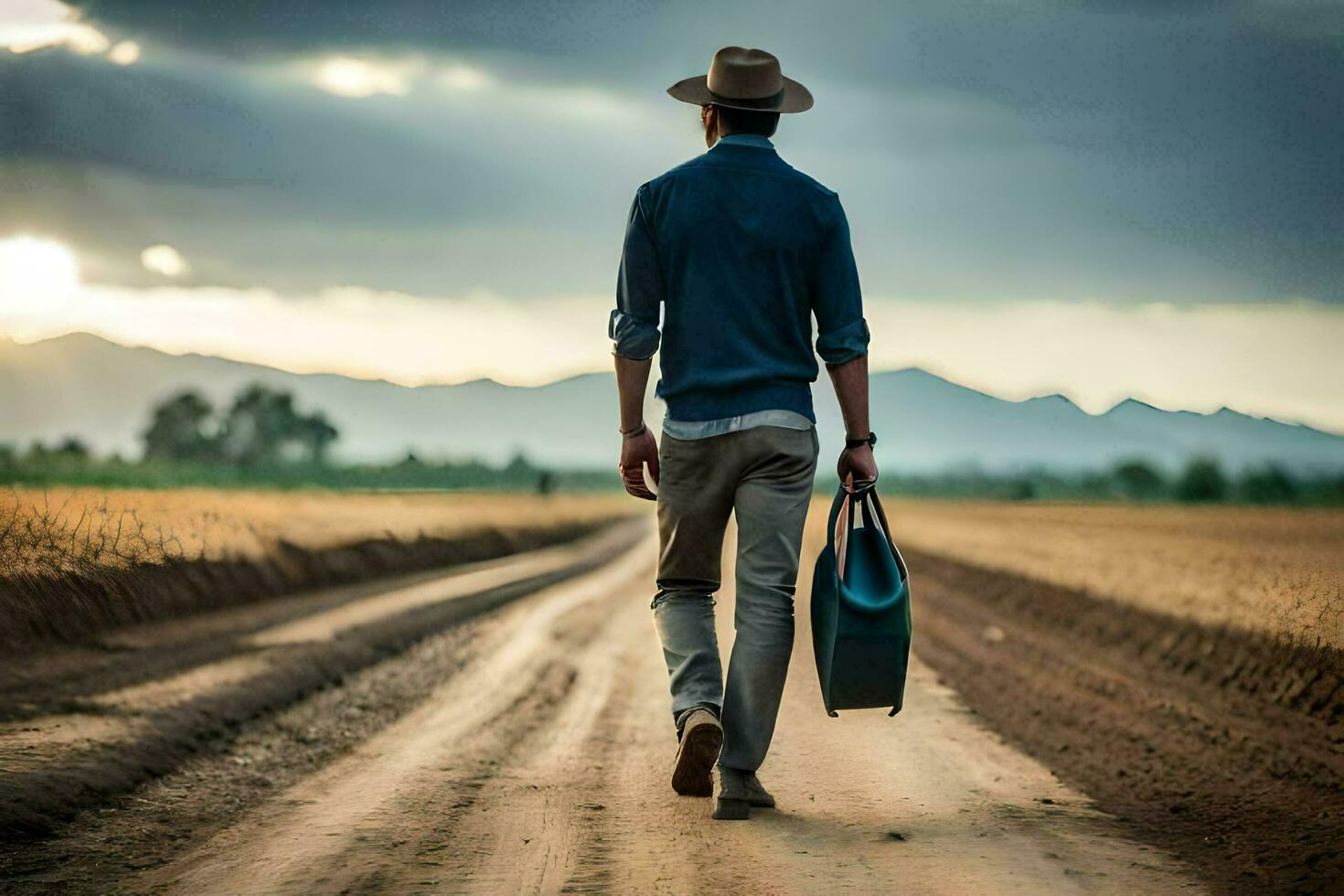 man walking on dirt road with suitcase and hat. AI-Generated photo