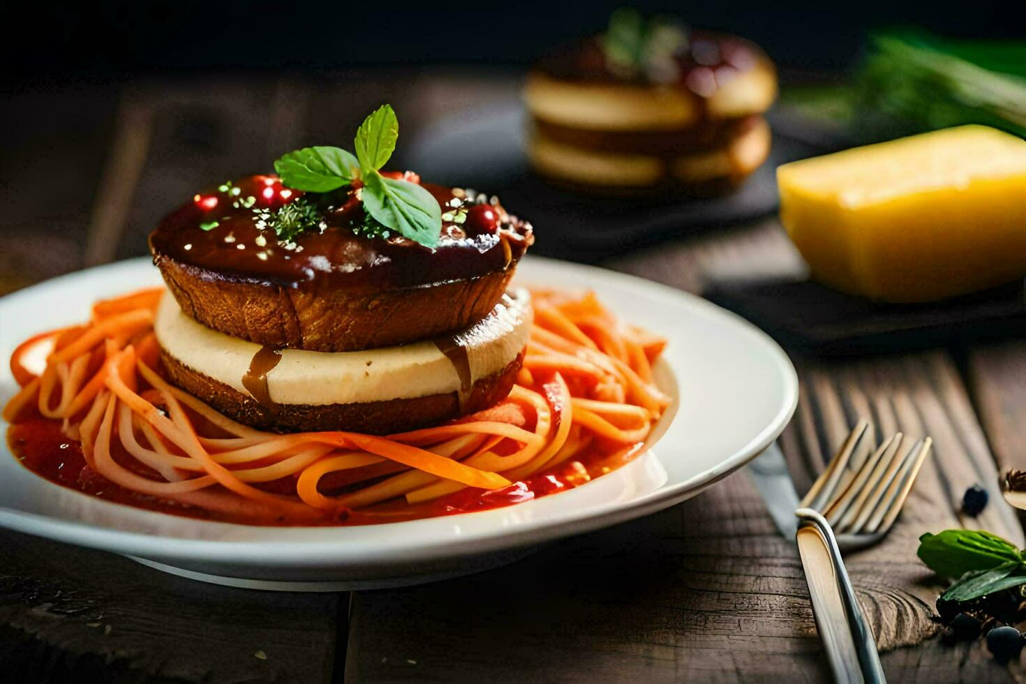 a plate of spaghetti and cheese on top of a cake. AI-Generated photo