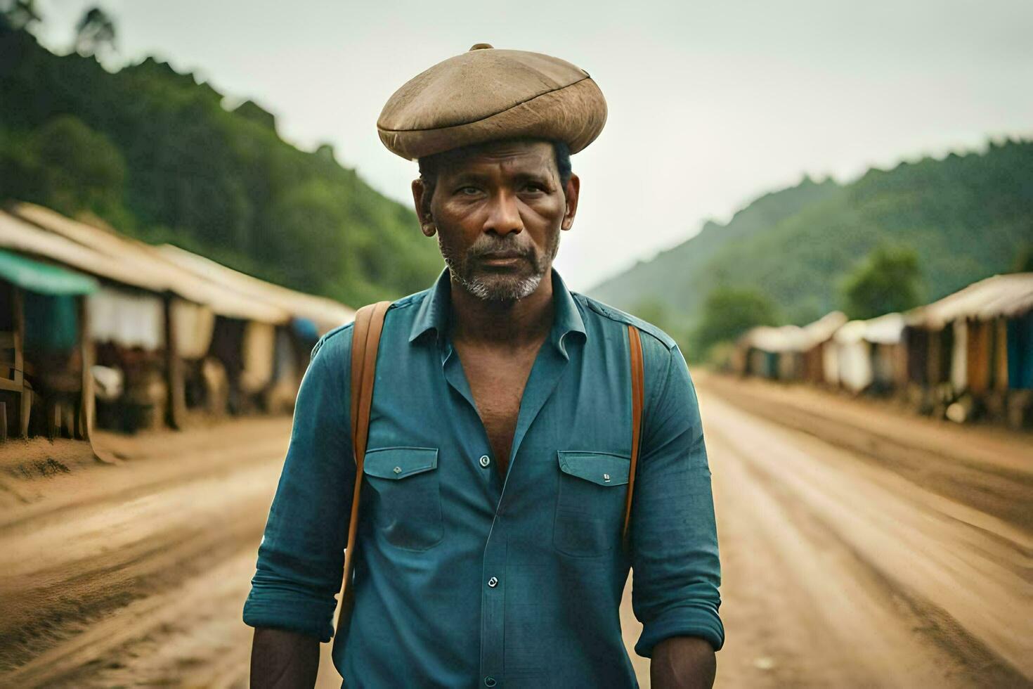 a man wearing a hat stands in the middle of a dirt road. AI-Generated photo