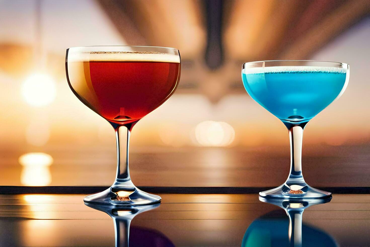 two glasses of colored drinks sit on a table. AI-Generated photo