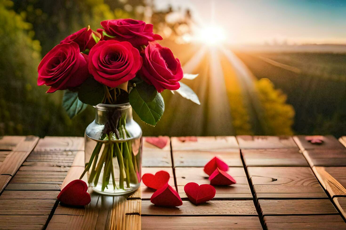 photo wallpaper the sky, flowers, sunset, roses, hearts, valentine's