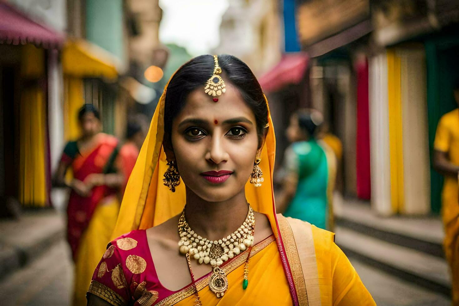 un mujer en un sari es en pie en el medio de un calle. generado por ai foto