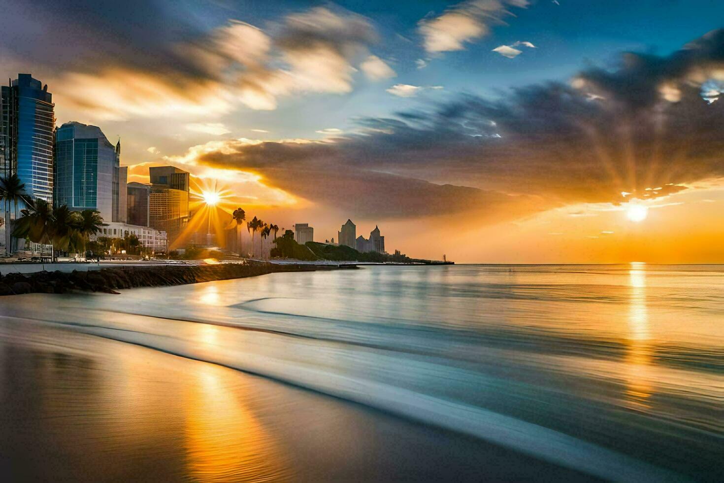 el Dom conjuntos terminado el Oceano y edificios en un ciudad. generado por ai foto