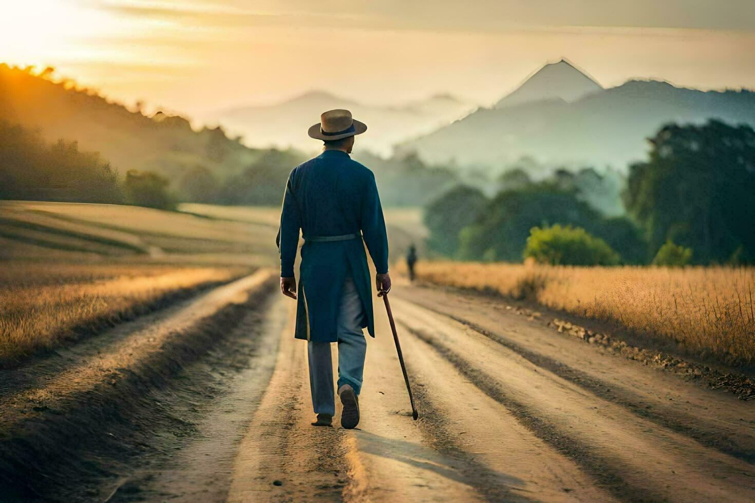 a man in a hat and cane walking down a dirt road. AI-Generated photo