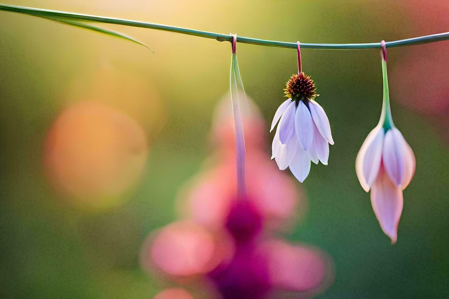 two white flowers hanging from a vine. AI-Generated photo