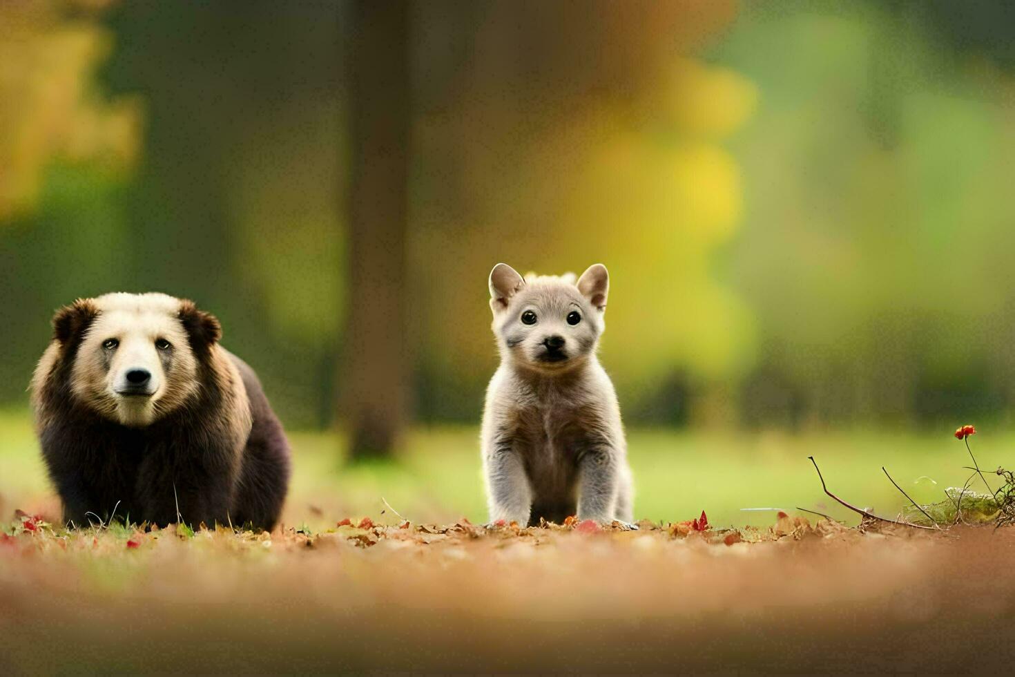 two bears standing in the middle of a forest. AI-Generated photo