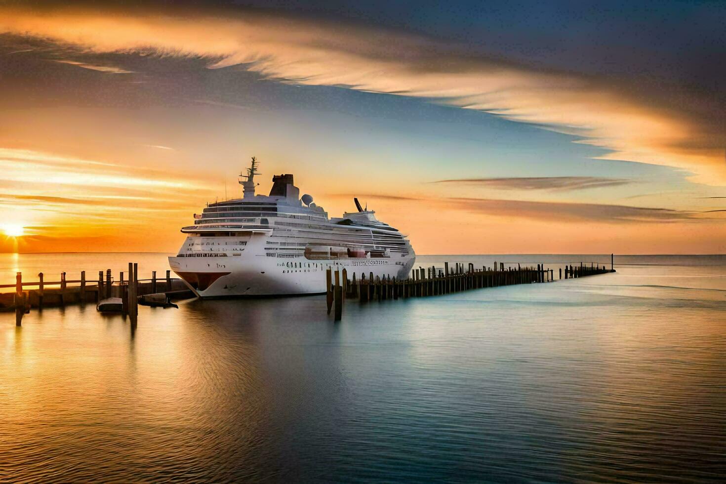 a cruise ship docked at the pier at sunset. AI-Generated photo