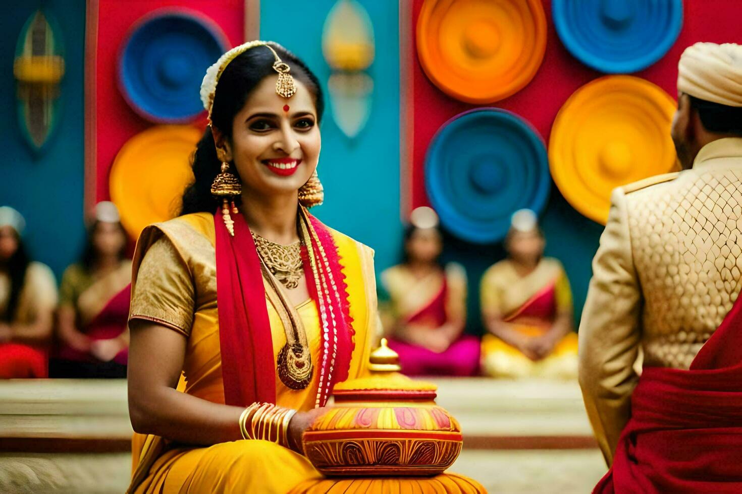 a woman in traditional indian attire sits on a chair with a pot. AI-Generated photo