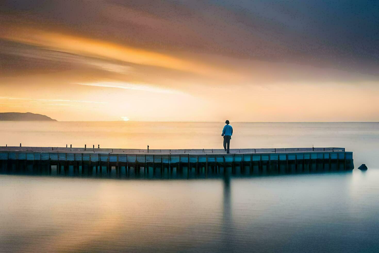 a man standing on a pier at sunset. AI-Generated photo