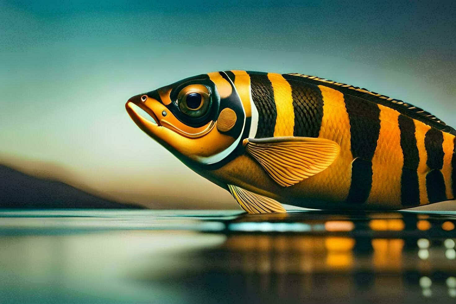 a fish with stripes on its body is floating in the water. AI-Generated photo