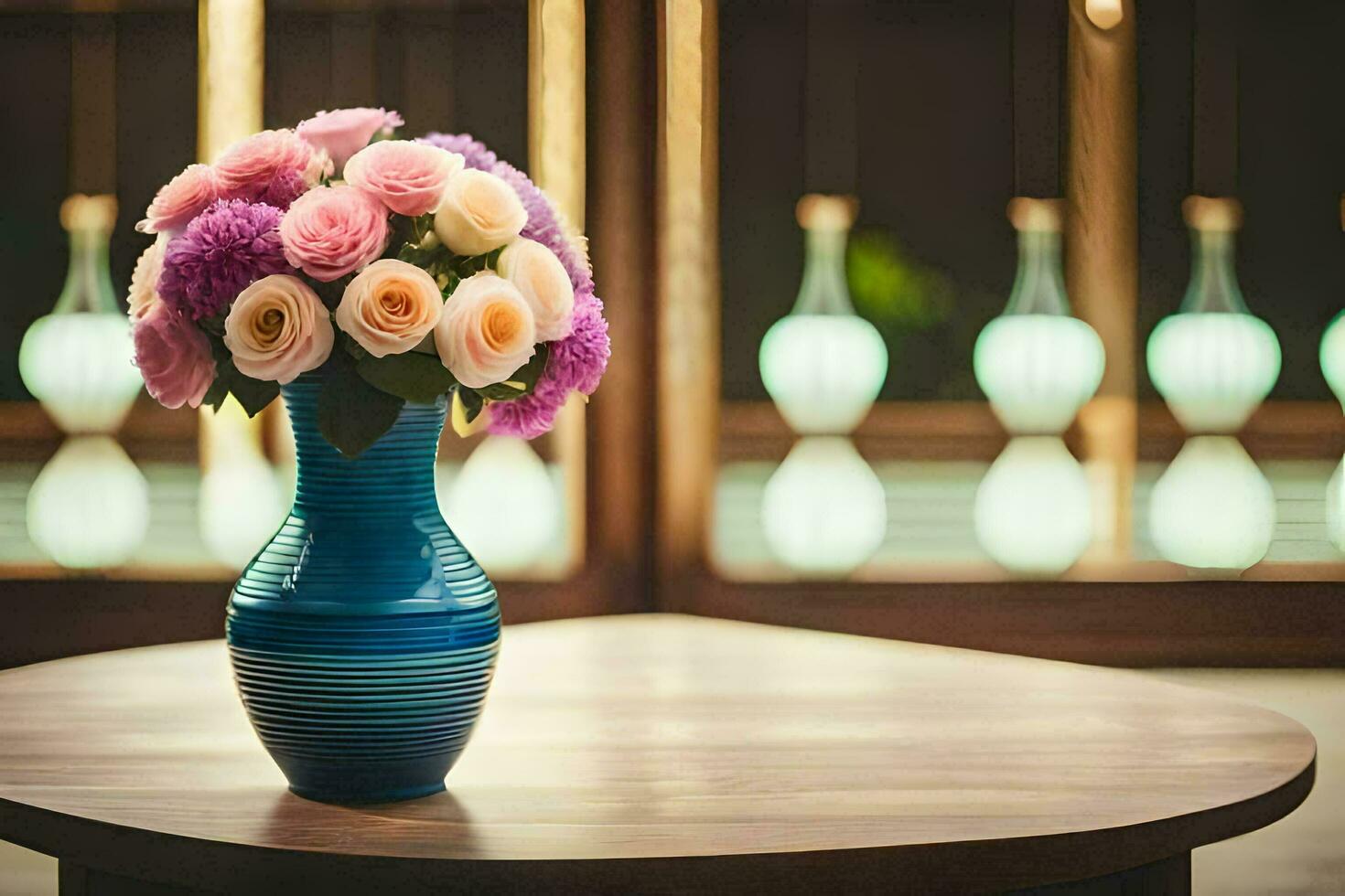 a blue vase with pink and purple flowers sitting on a table. AI-Generated photo