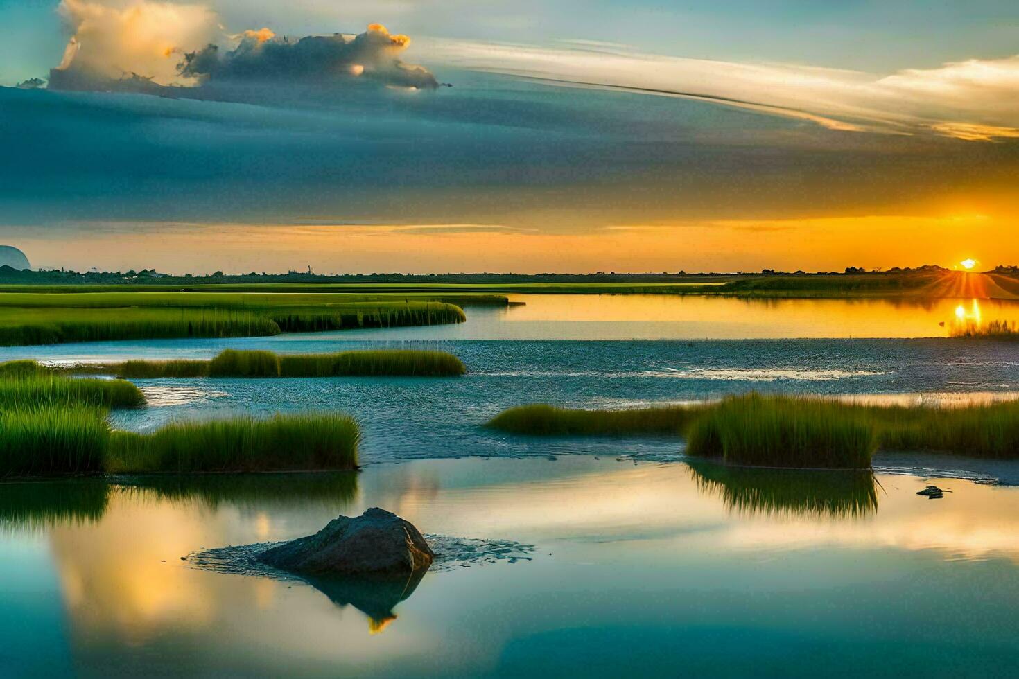 un hermosa puesta de sol terminado un pantano con agua y césped. generado por ai foto