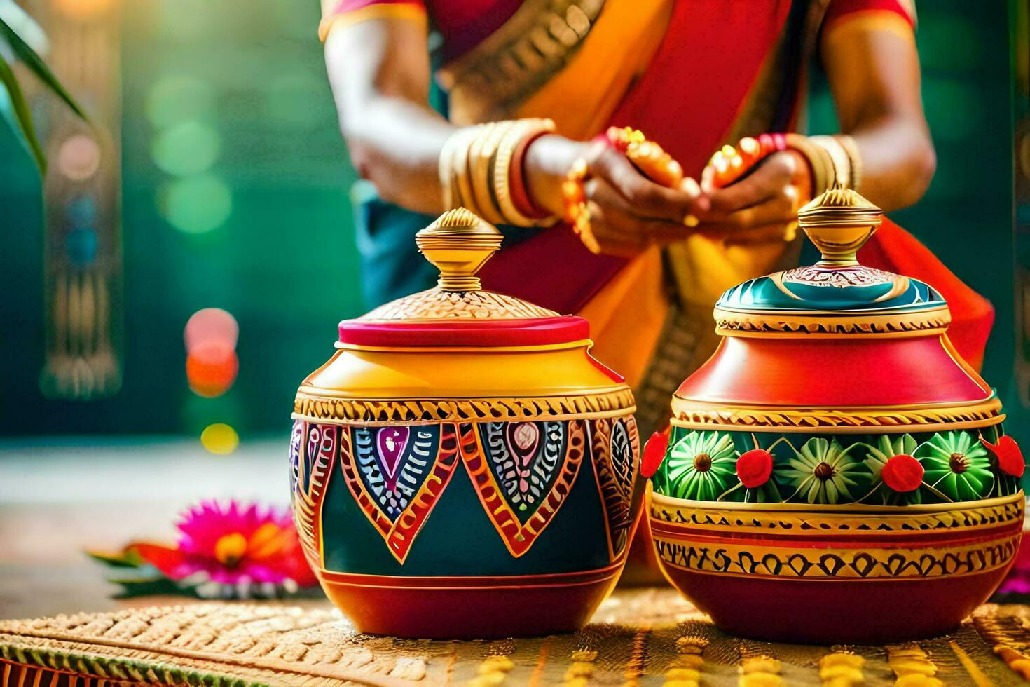 woman in traditional sari holding colorful pots. AI-Generated photo