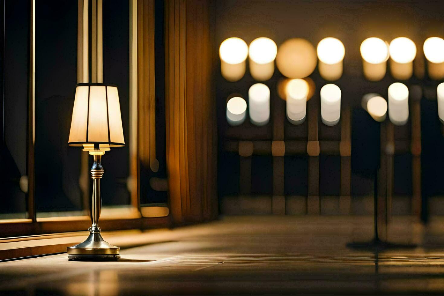 a lamp sitting on a table in front of a window. AI-Generated photo