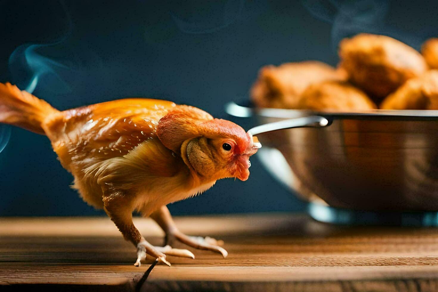 a chicken is standing next to a bowl of fried chicken. AI-Generated photo