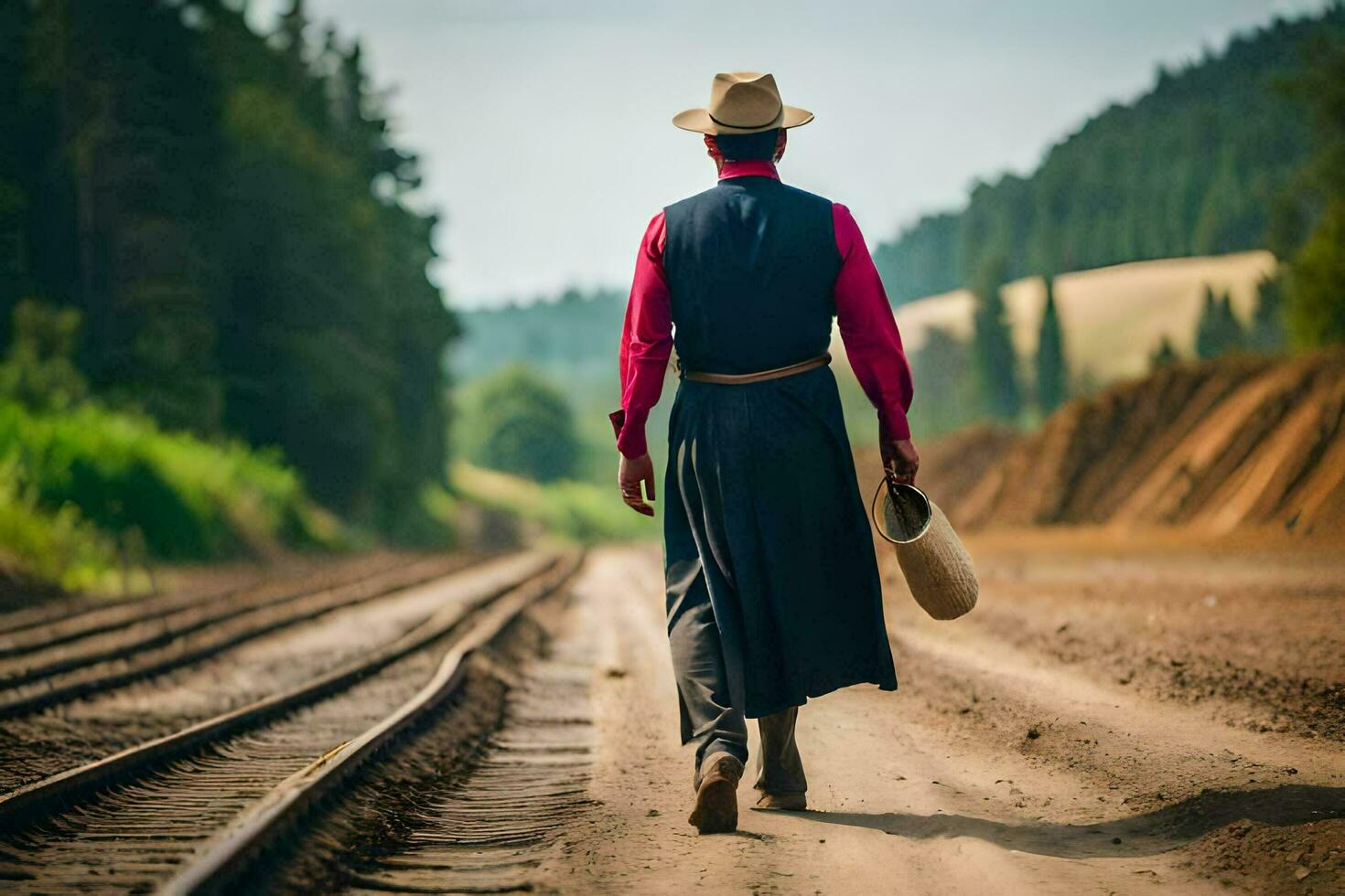 a man in a cowboy hat walking on railroad tracks. AI-Generated photo
