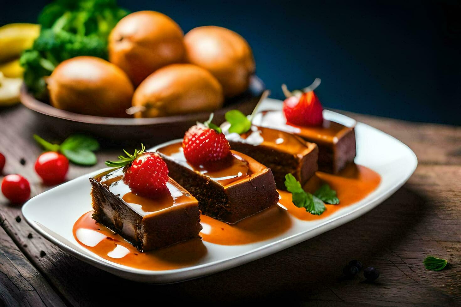 a plate of chocolate cake with strawberries and a bowl of fruit. AI-Generated photo