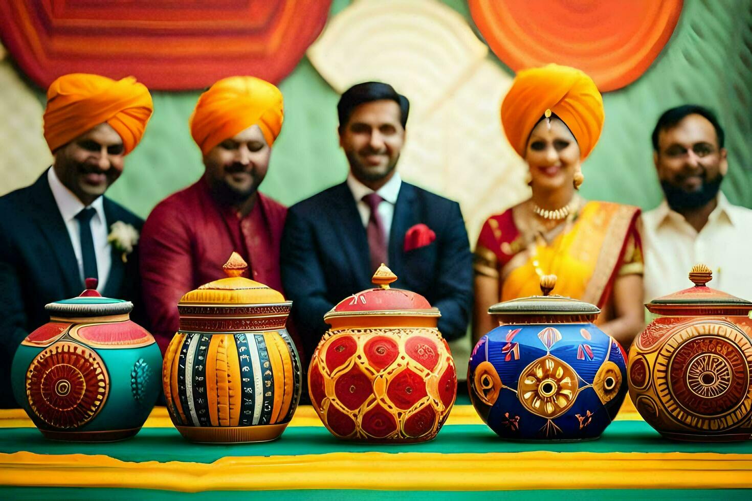 a group of people in turbans and colorful headgear. AI-Generated photo