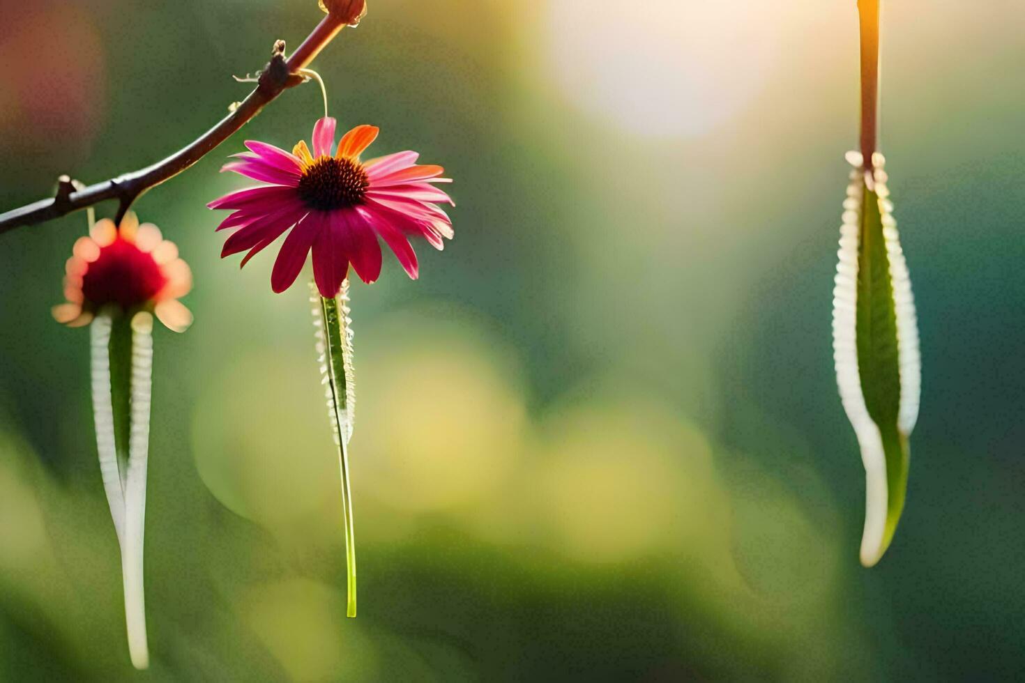 two pink flowers hanging from a branch. AI-Generated photo