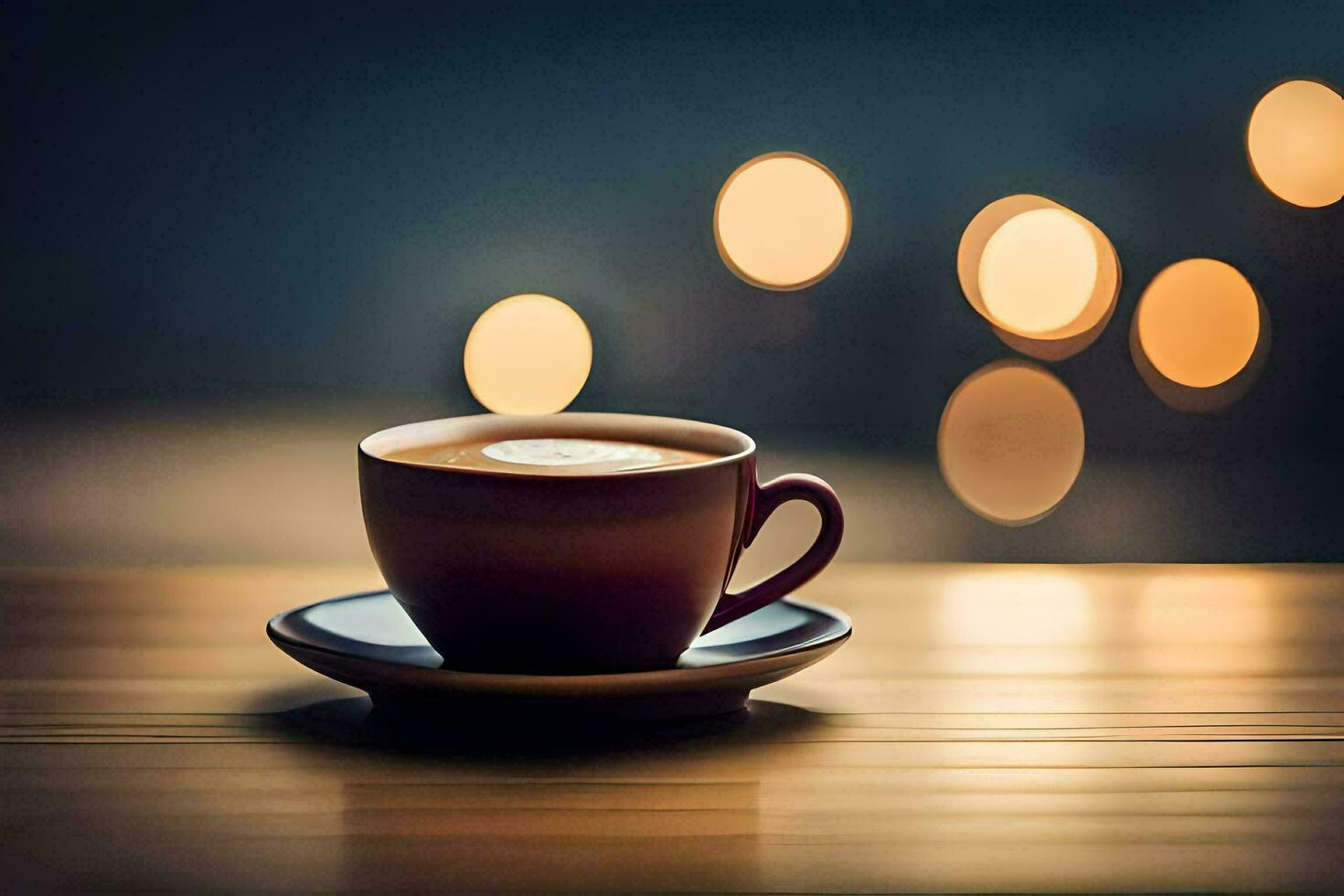 a cup of coffee on a wooden table with bokeh lights. AI-Generated photo