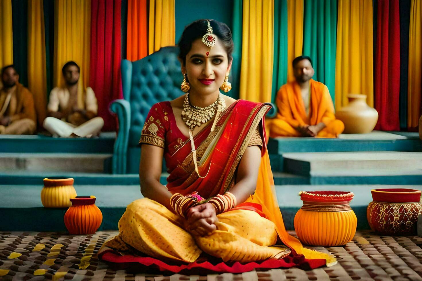 a beautiful indian bride sitting on the floor with her family. AI-Generated photo