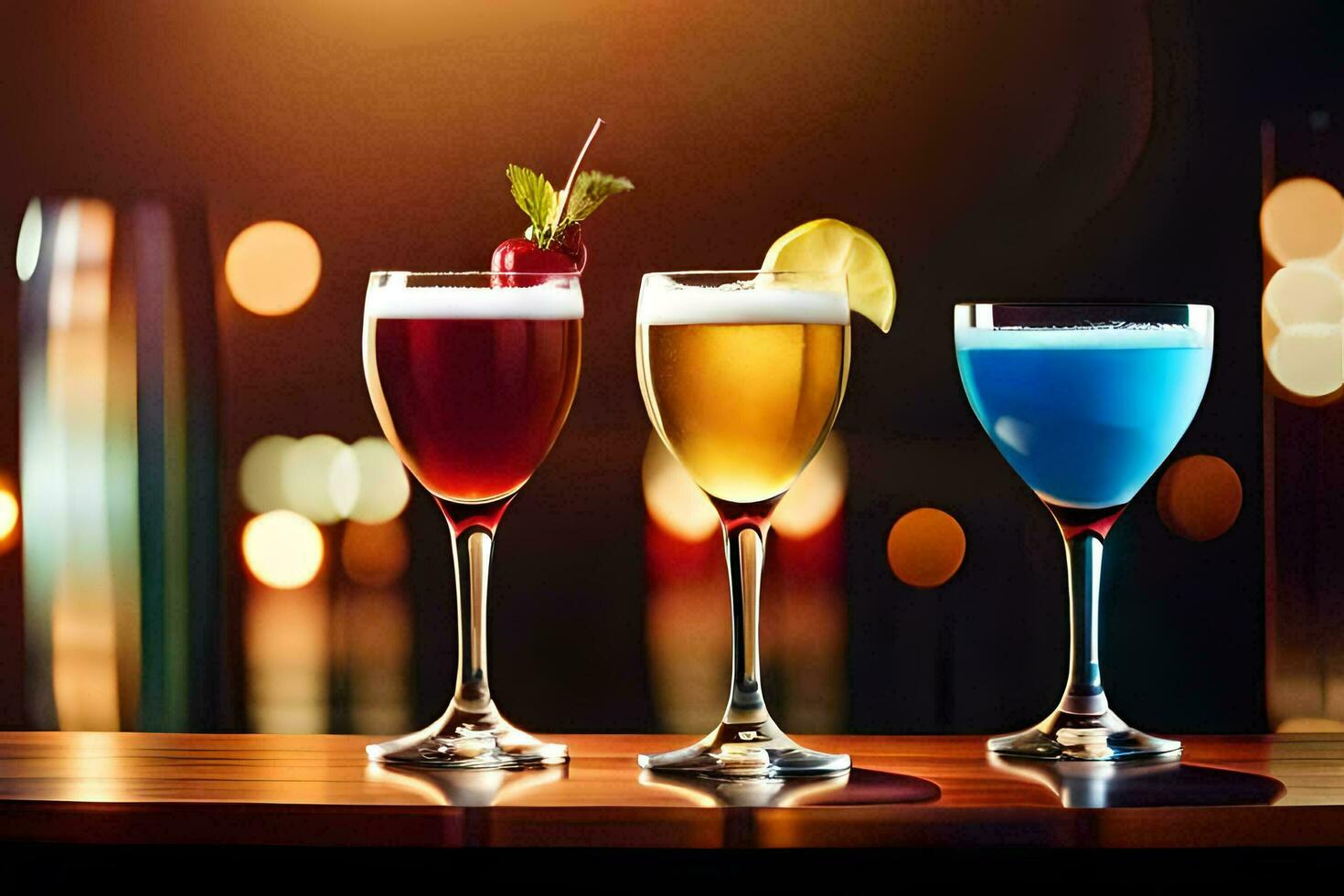 three different colored drinks in glasses on a table. AI-Generated photo