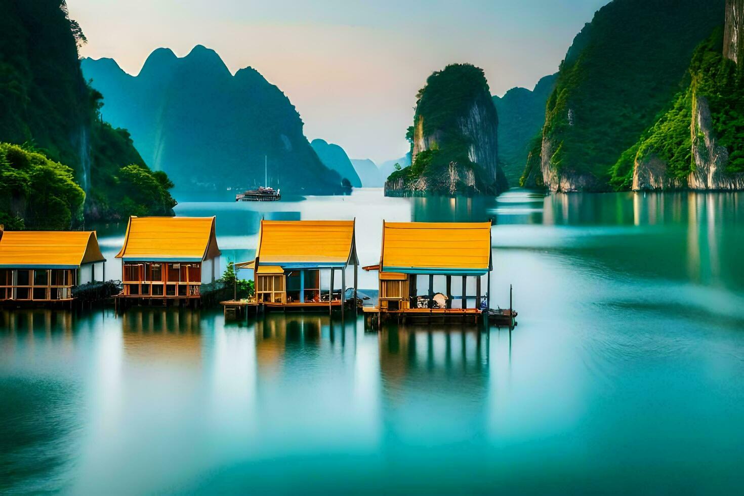 huts on the water in front of mountains. AI-Generated photo