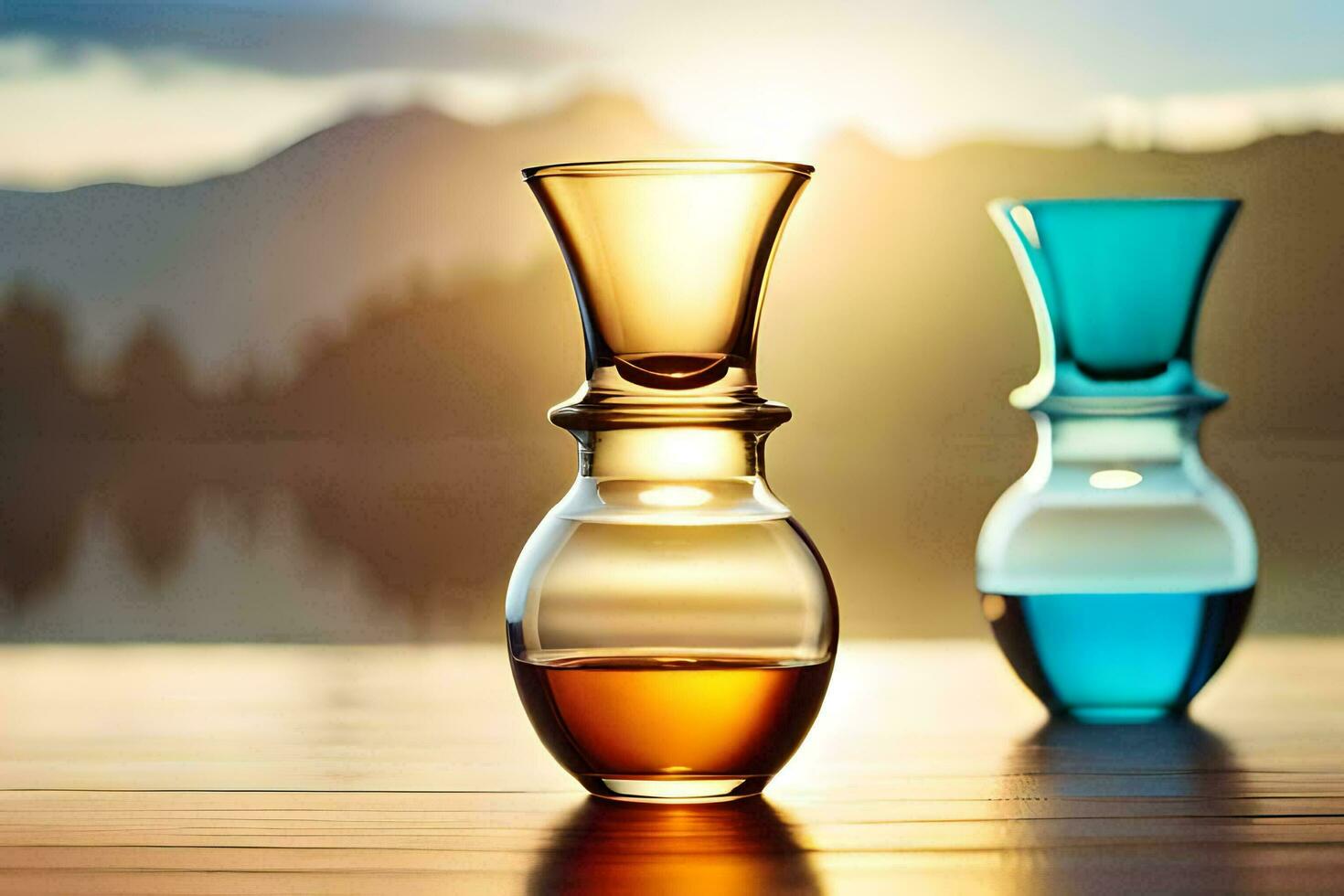 two glass vases with water and a sunset in the background. AI-Generated photo