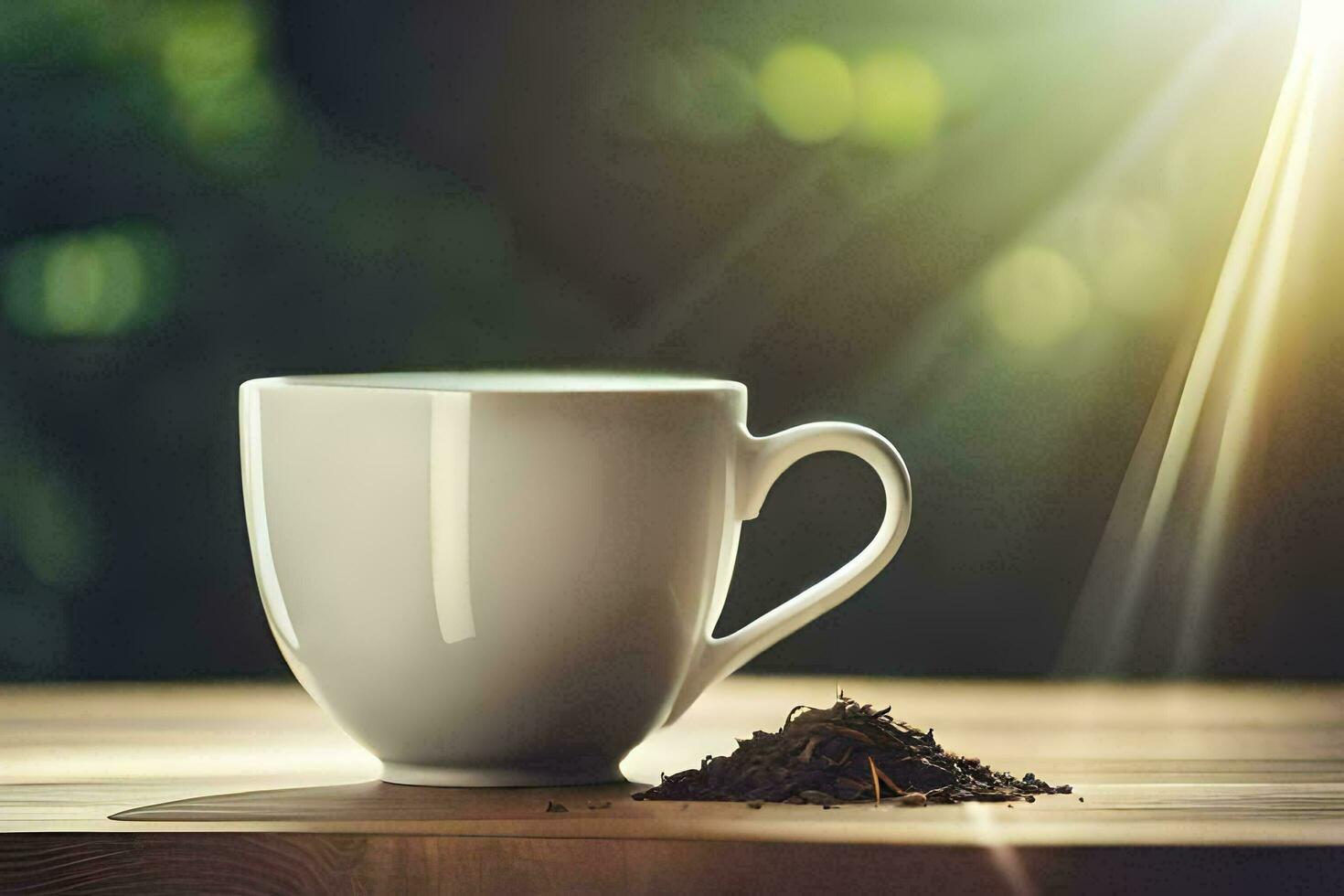 un taza de té en un mesa con luz de sol brillante mediante el arboles generado por ai foto