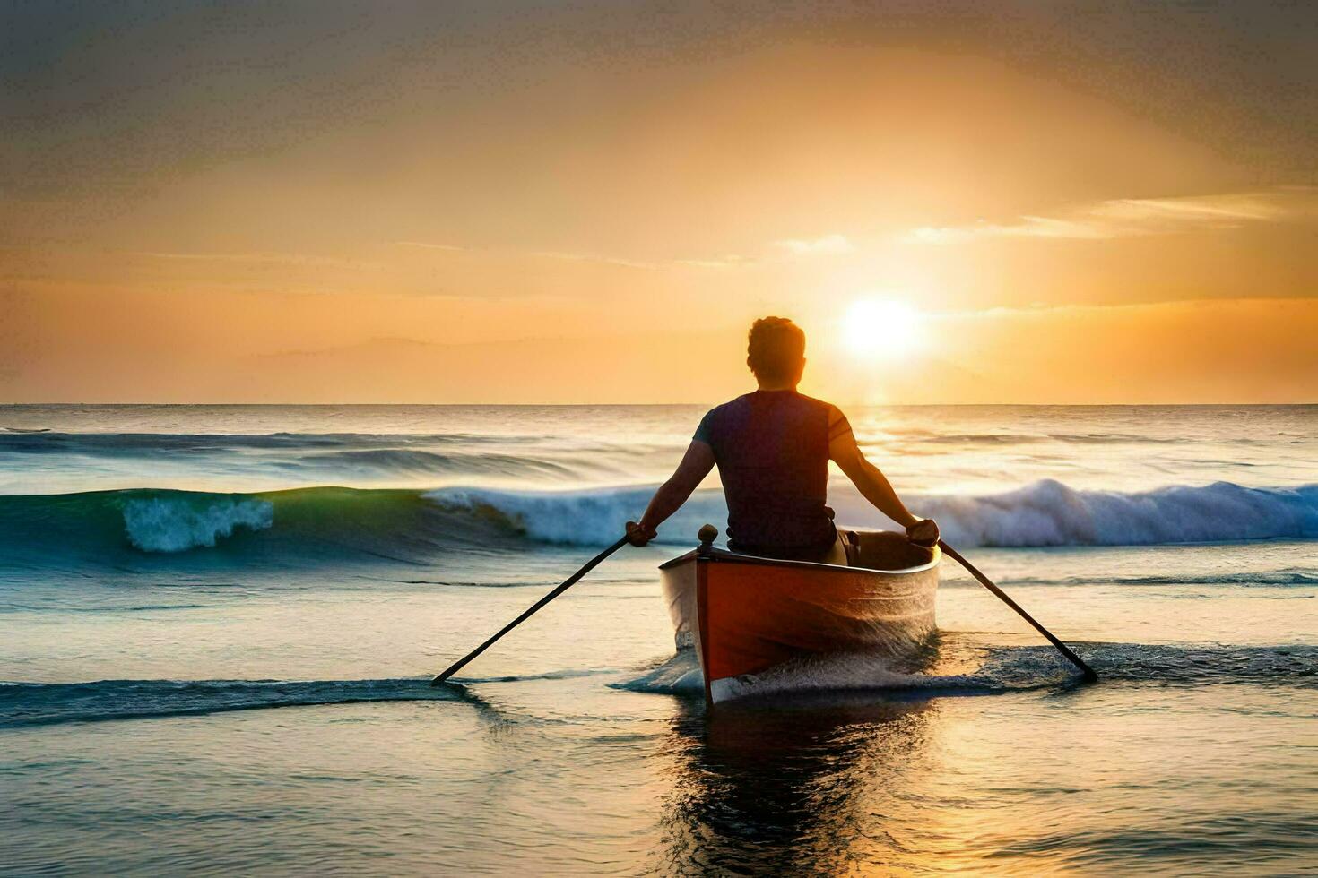 man in a canoe paddling in the ocean at sunset. AI-Generated photo