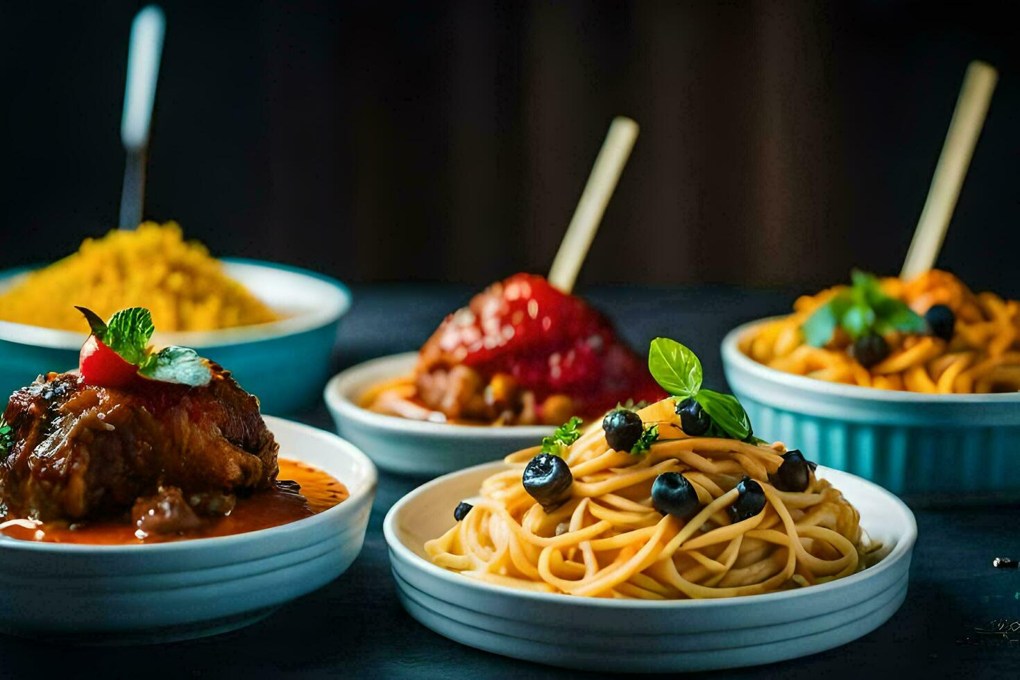 a variety of dishes in bowls with spoons. AI-Generated photo