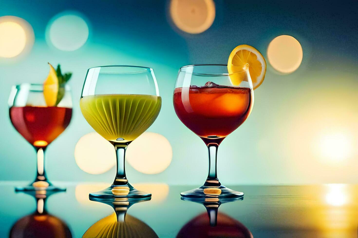 Tres lentes de diferente de colores bebidas en un mesa. generado por ai foto