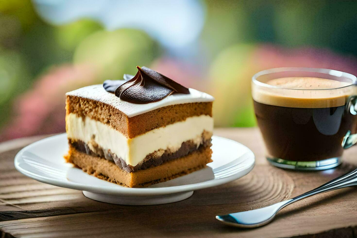 a slice of cake and a cup of coffee. AI-Generated photo