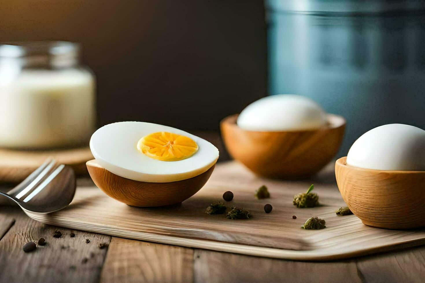 hard boiled eggs in wooden bowls on a table. AI-Generated photo