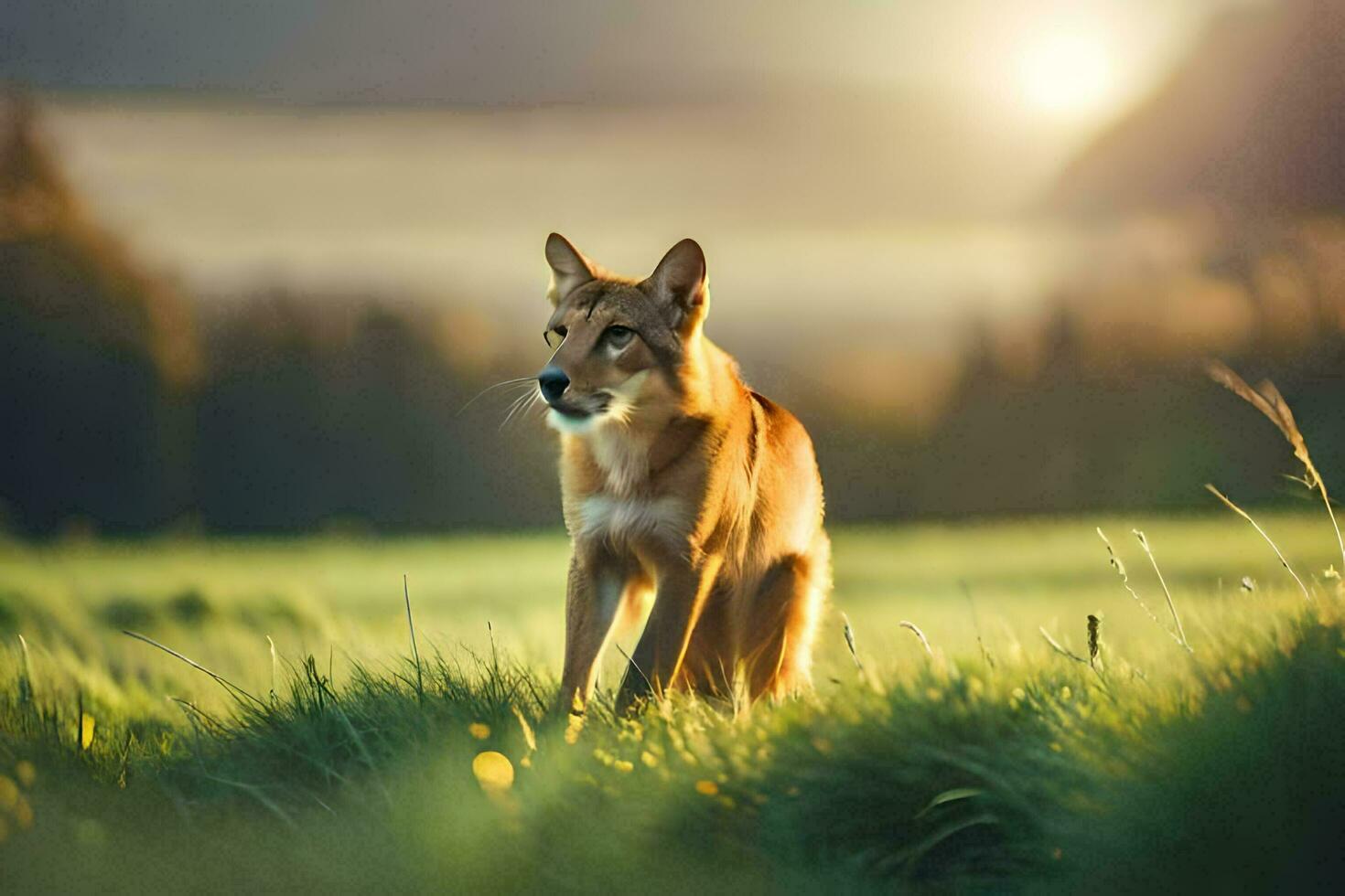 un rojo lobo es en pie en el césped. generado por ai foto