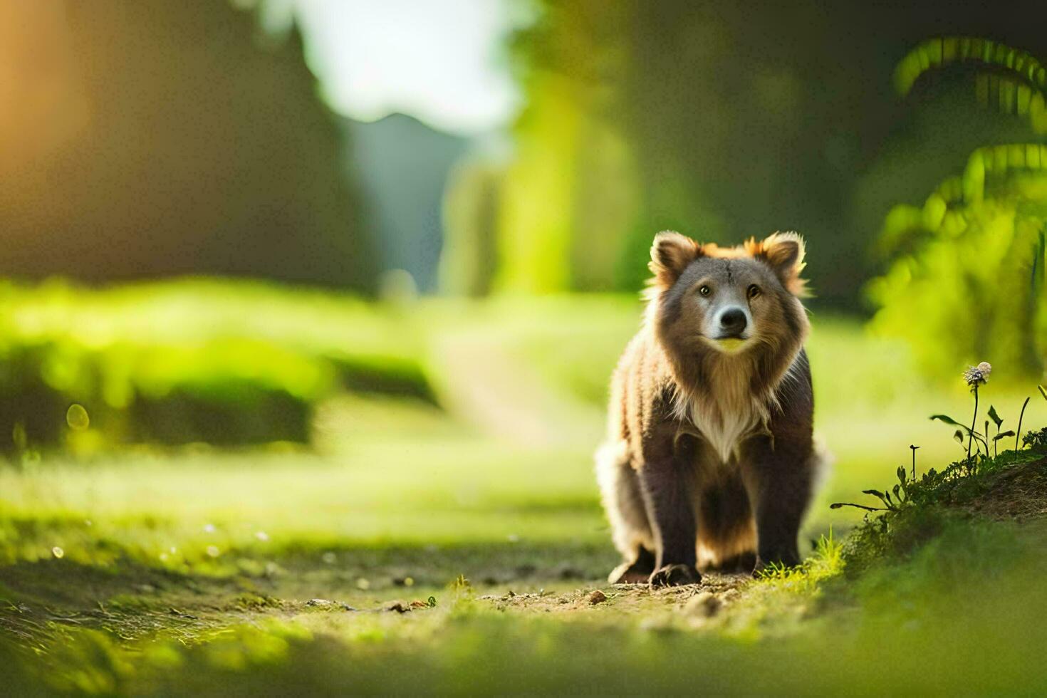a brown bear is standing in the middle of a field. AI-Generated photo