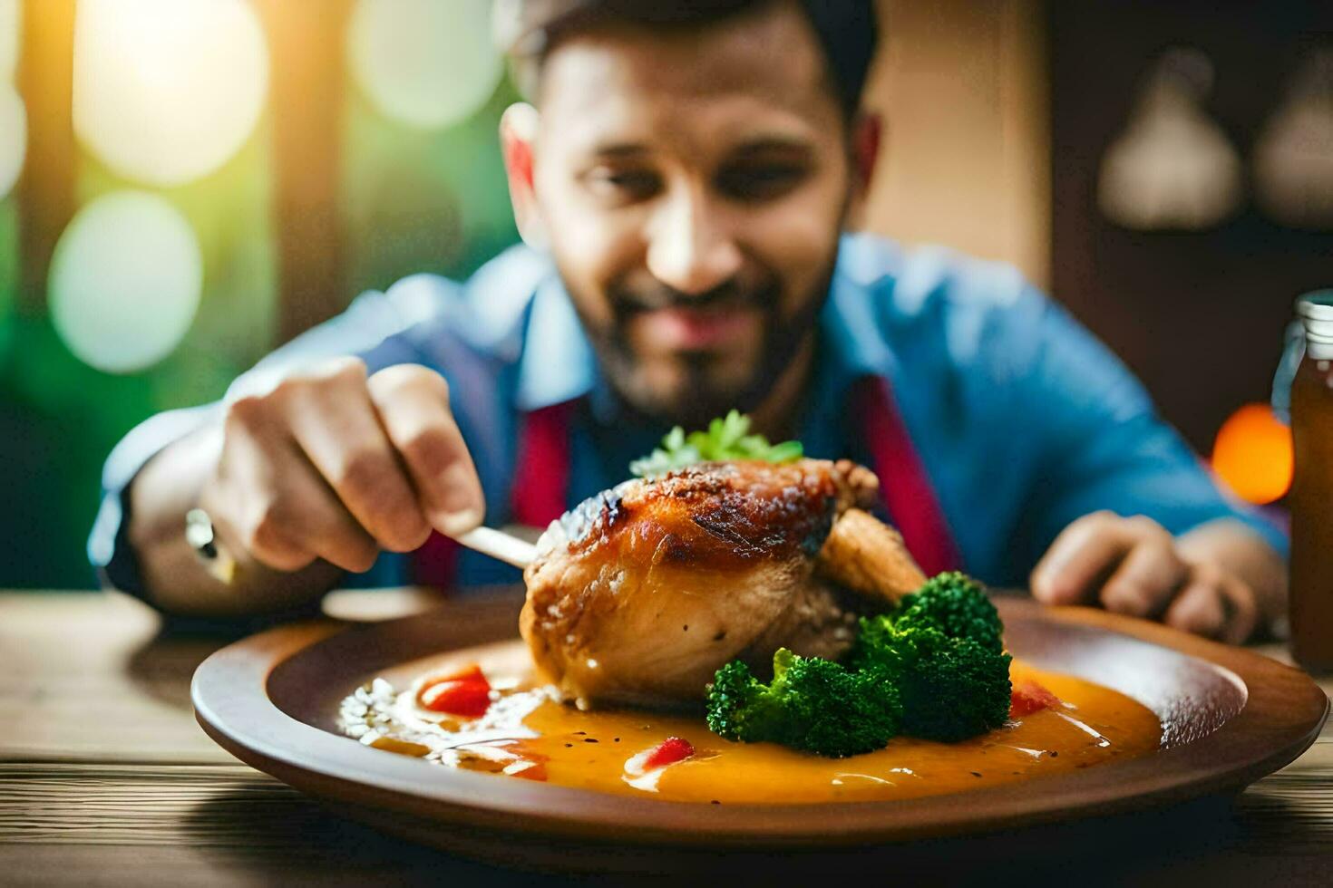 a man is eating a chicken dish with broccoli. AI-Generated photo