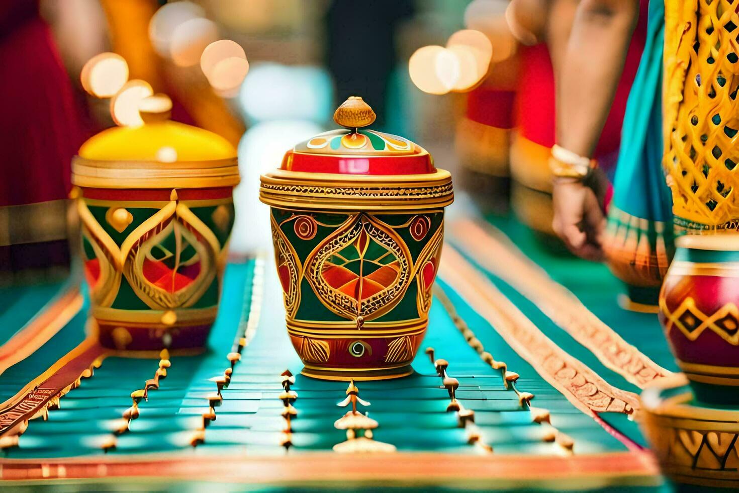 indian wedding ceremony with colorful pots and vases. AI-Generated photo