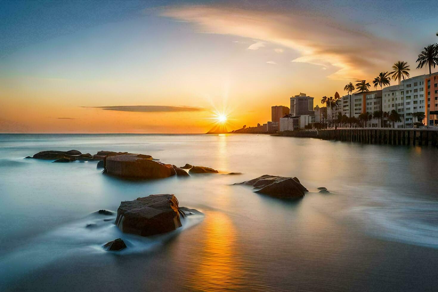 el Dom conjuntos terminado el Oceano y edificios en el antecedentes. generado por ai foto