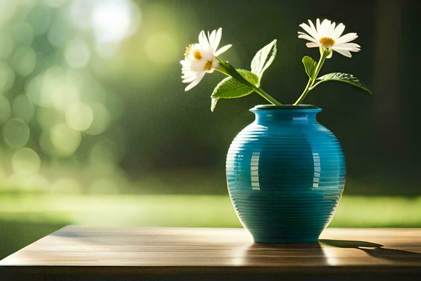 un azul florero con margaritas en un mesa. generado por ai foto