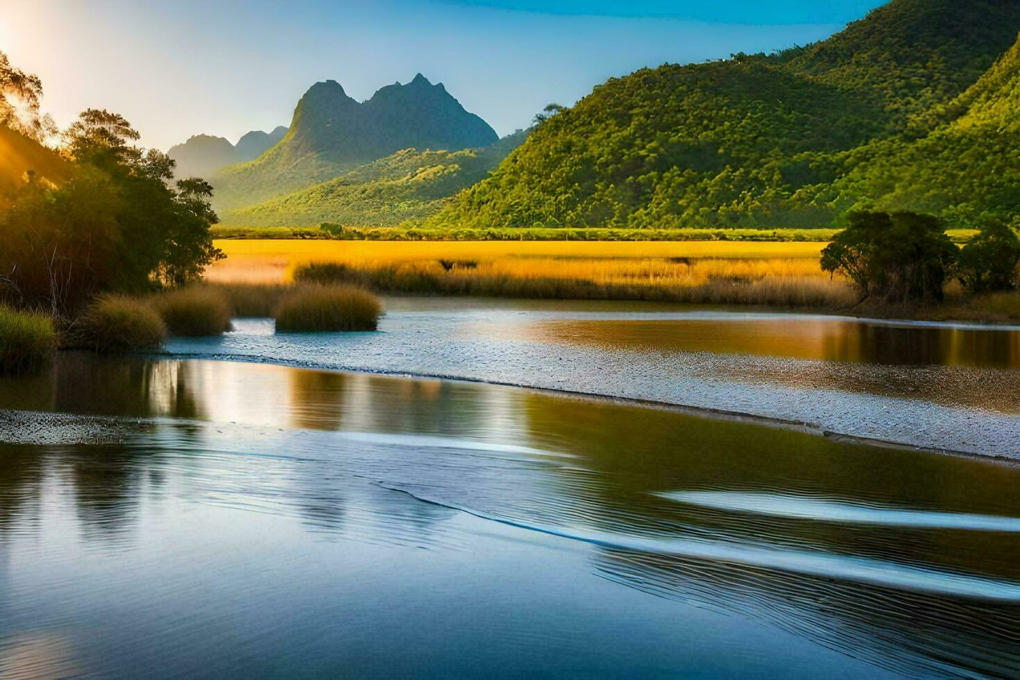 the sun is setting over a river and mountains. AI-Generated photo