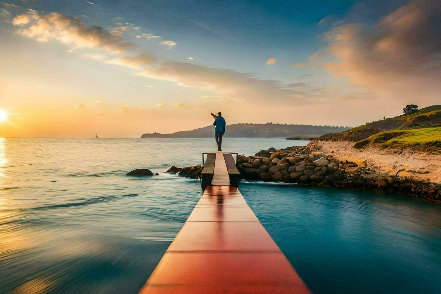 hombre en pie en un muelle a puesta de sol. generado por ai foto