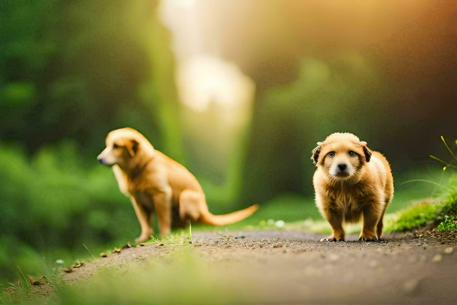 two dogs are walking down a path in the woods. AI-Generated photo