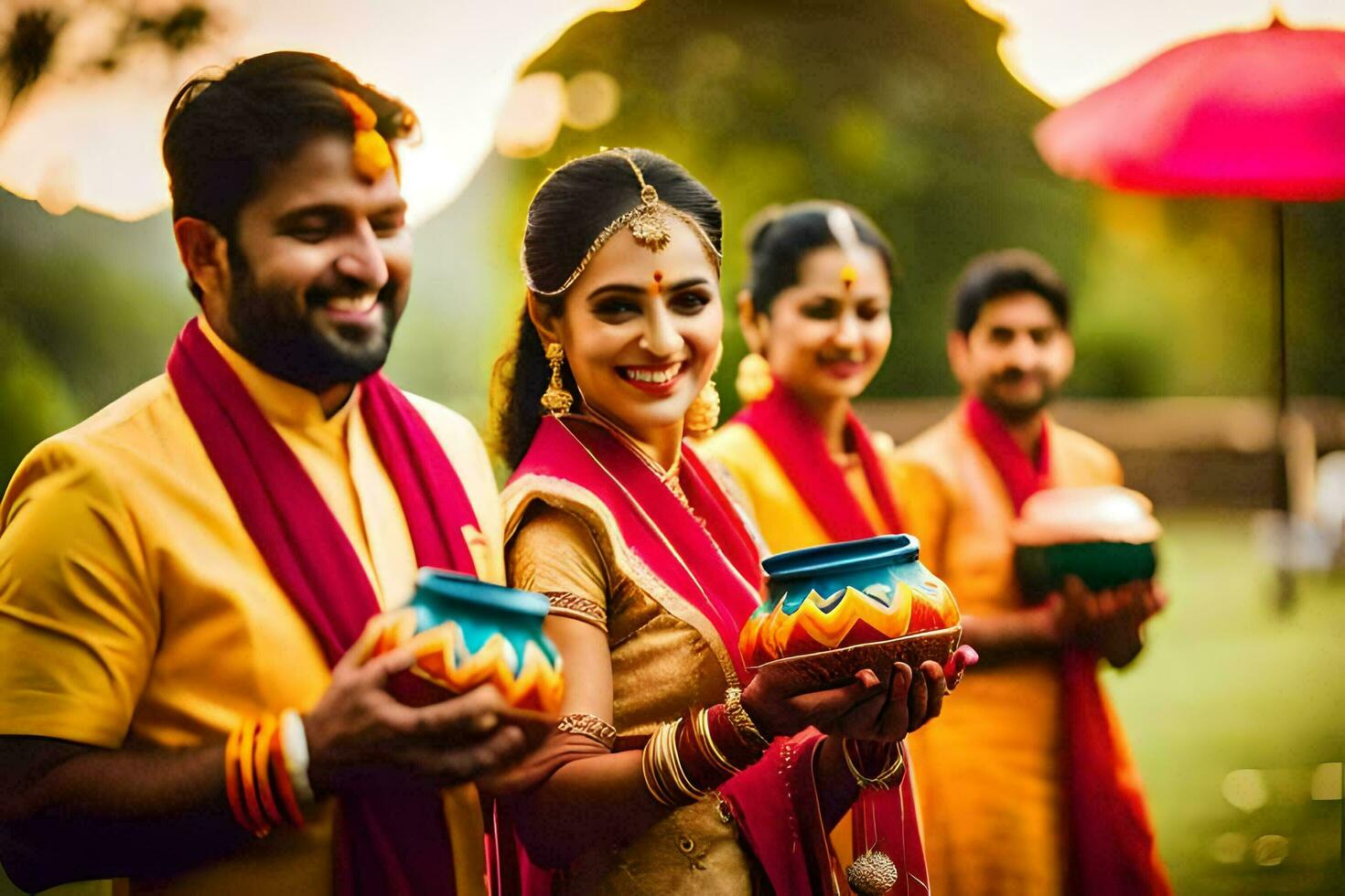 a couple in traditional indian attire holding a pot. AI-Generated photo