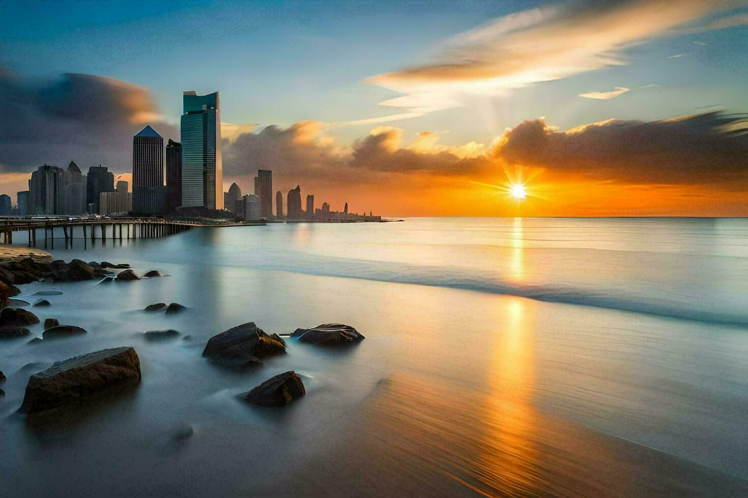 the sun sets over the city skyline in abu dhabi. AI-Generated photo