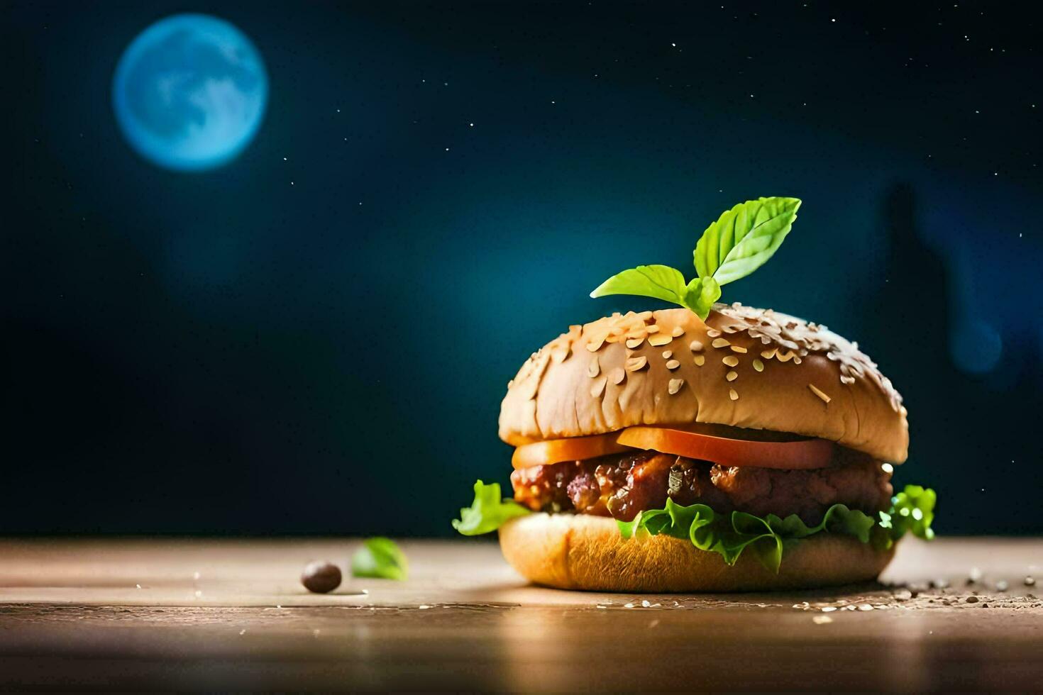 hamburger on a wooden table with moon in the background. AI-Generated photo