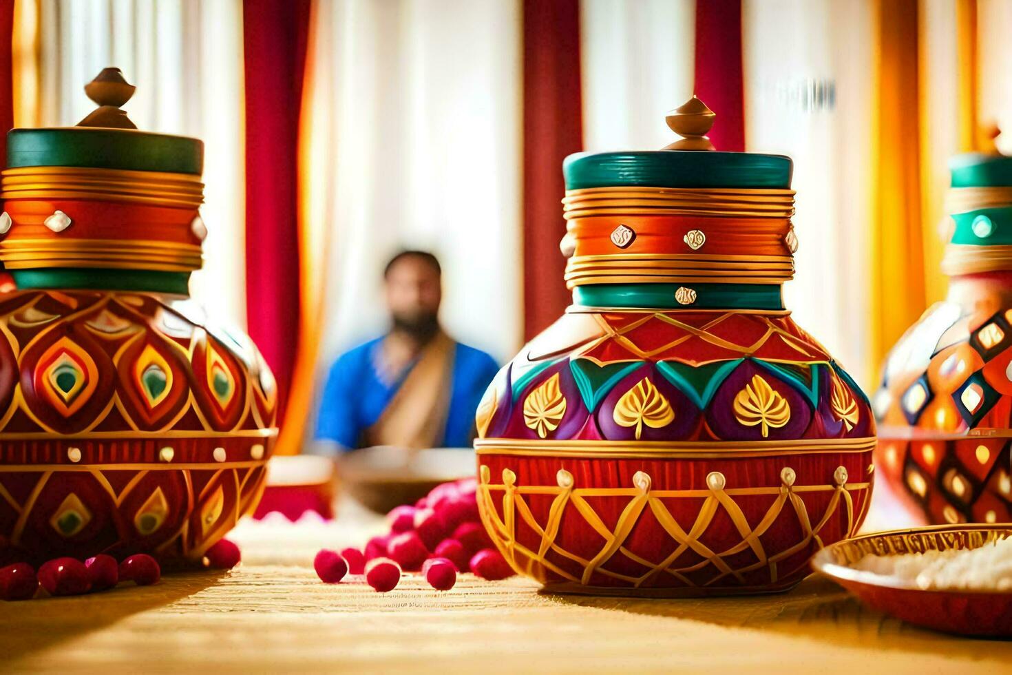 a table with colorful vases and rice. AI-Generated photo