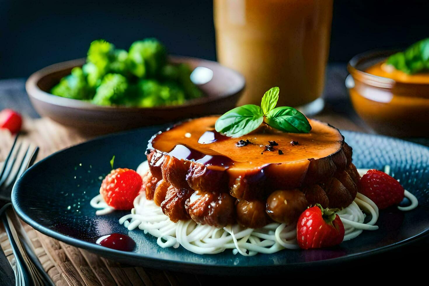 a plate with noodles, strawberries and a drink. AI-Generated photo