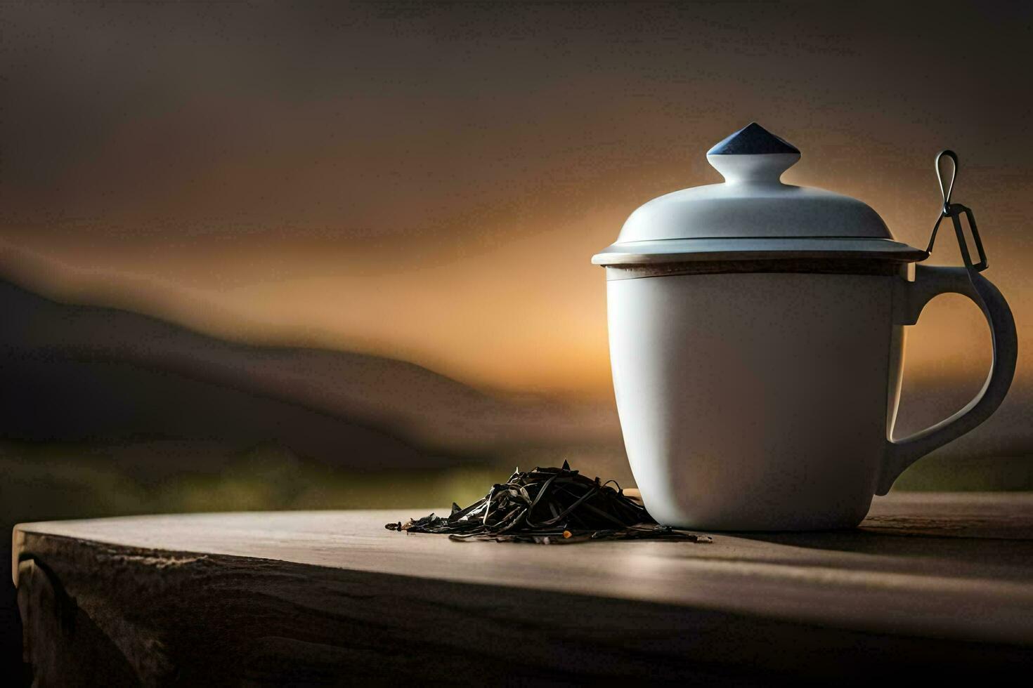 tea cup and saucer on wooden table with mountains in the background. AI-Generated photo